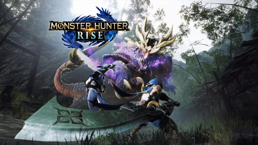 Capa de Monster Hunter Rise com monstro sendo atacado por personagem.