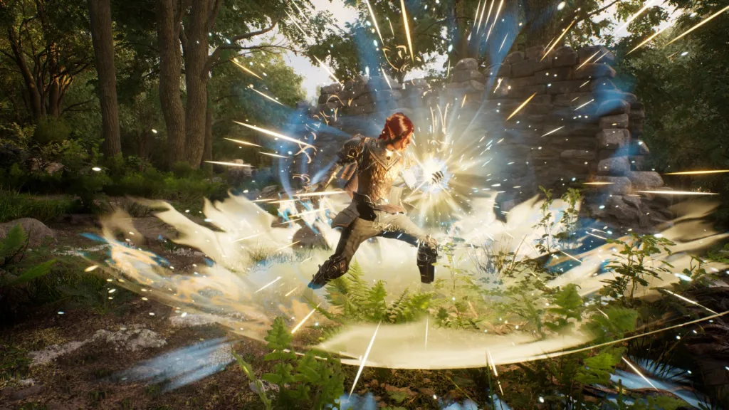 Personagem dentro de floresta soltando magia.