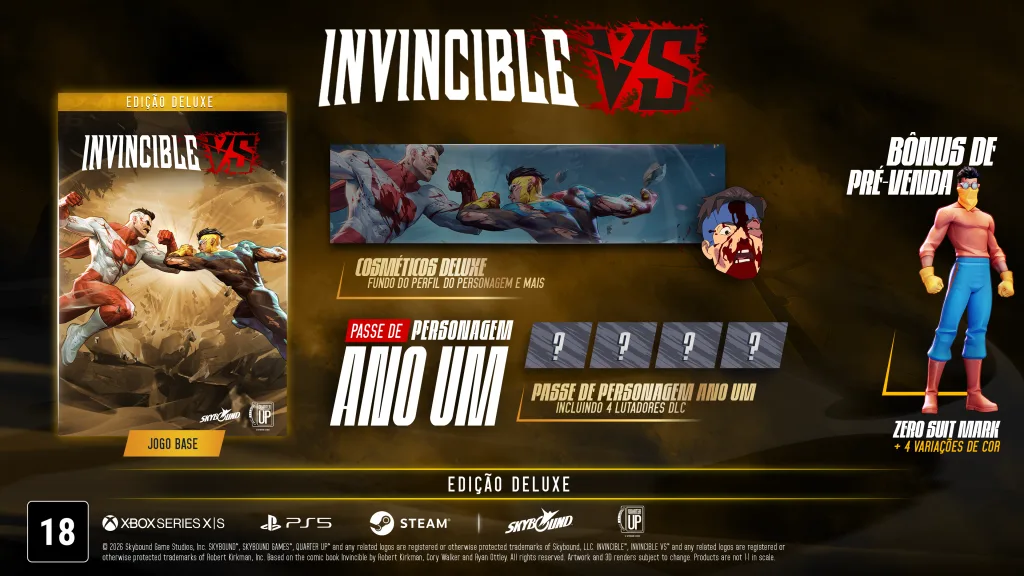 Imagem de versão Deluxe de Invincible VS com jogo base, comséticos, passe de personagem Ano Um e variação de roupas Zero Suit Mark.