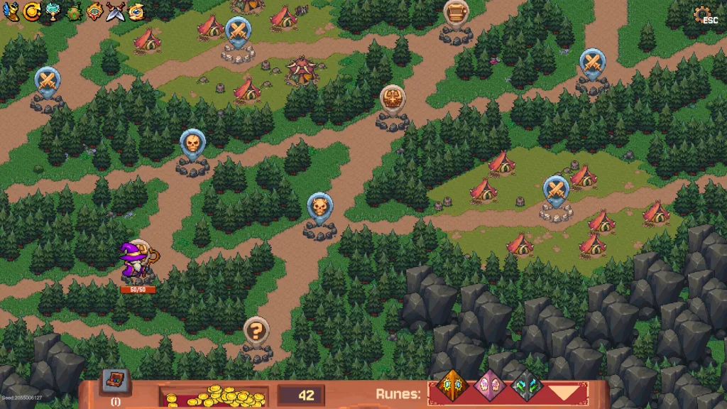 mapa de progressão Rune Dice roguelike