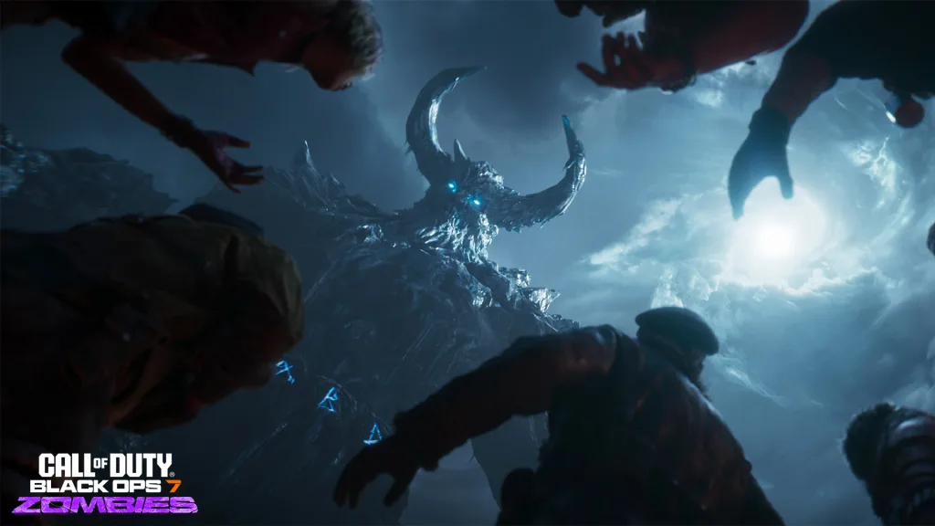 Operadores de Call of Duty: Black Ops 7 modo ZUmbis, olhando para cima em direção a uma criatura gigante.