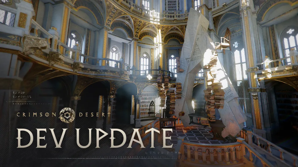 Biblioteca do Abismo em Crimson Desert como imagem de fundo e as palavras Dev Update à frente.