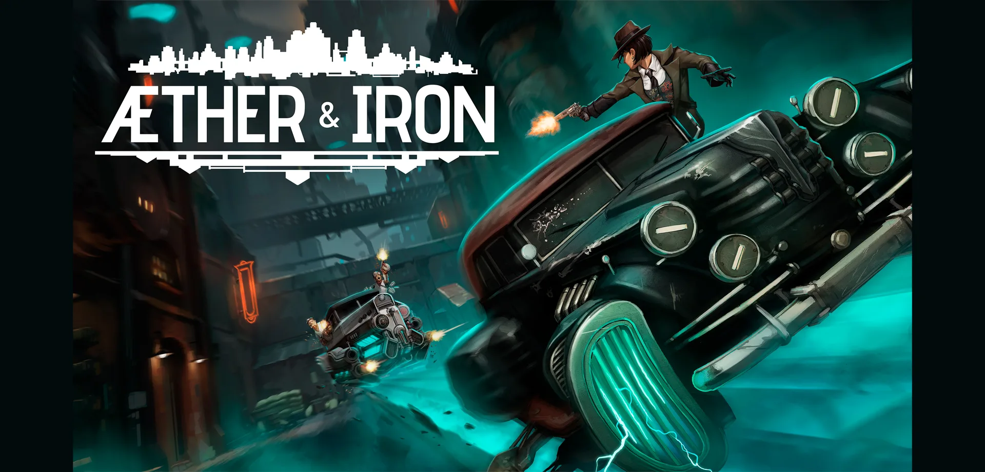 Imagem de 2 carros em perseguição em uma Nova Iorque alternativa dos anos 1930 em Aether & Iron.