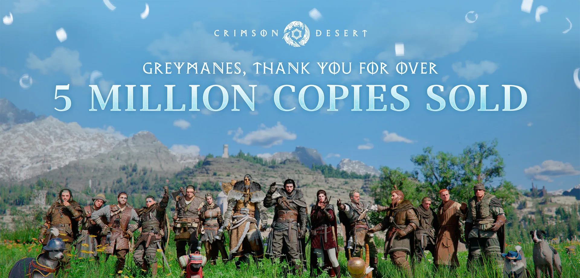 Crimson Desert com imagem agradecendo as 5 mlihões de cópias vendidas com os Greymanes em um gramado em várias poses.