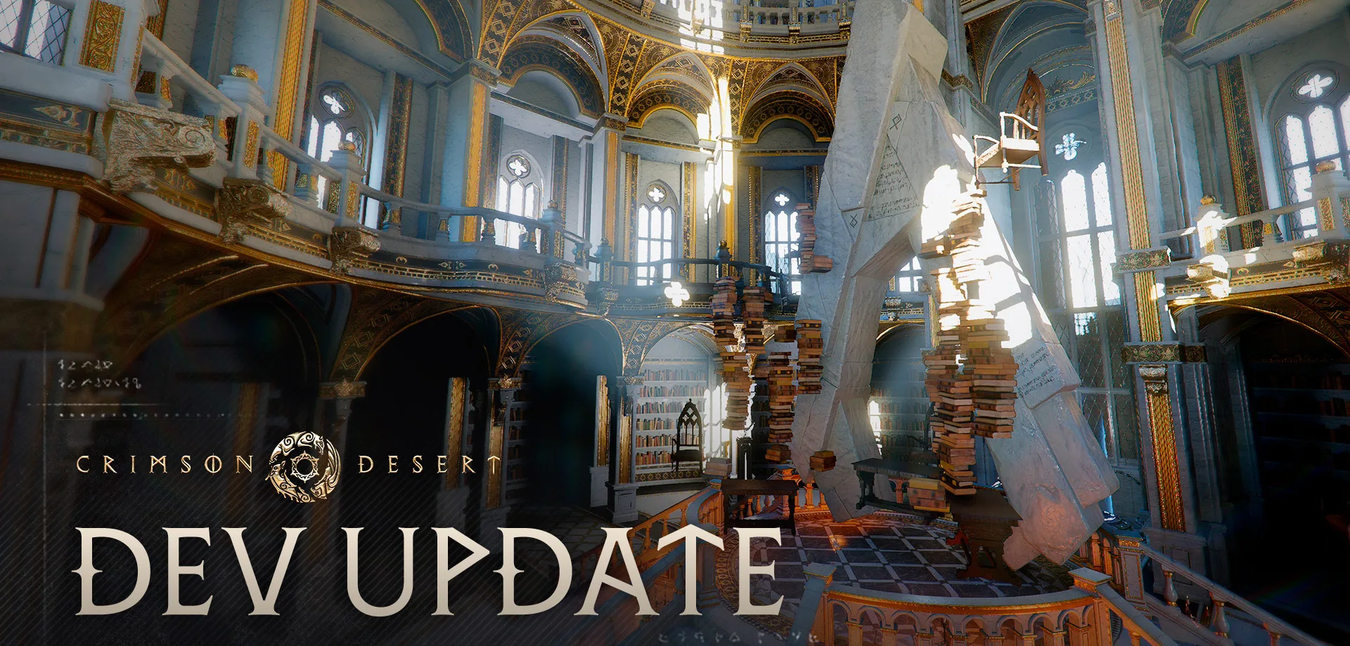 Biblioteca do Abismo em Crimson Desert como imagem de fundo e as palavras Dev Update à frente.