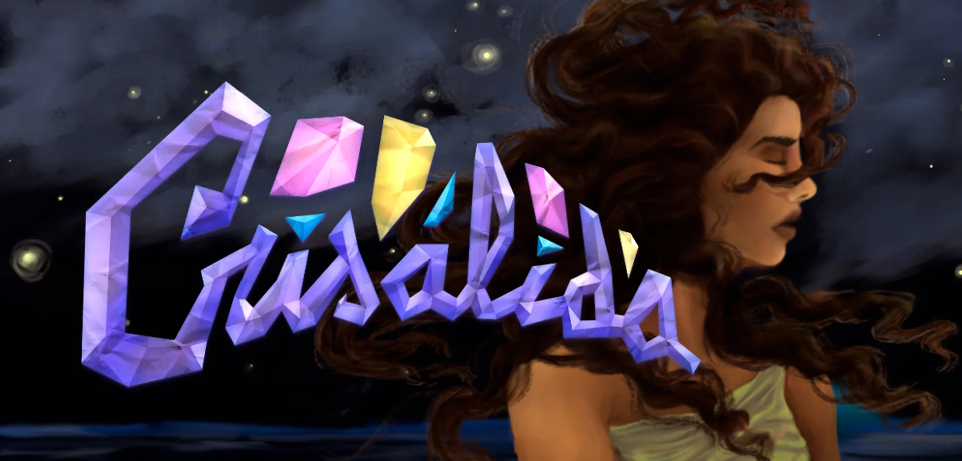 Íris, a protagonista do Jogo Crisálida olhando de perfil em um cenário noturno com o mar ao fundo.