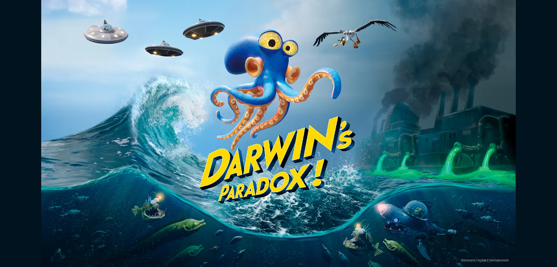 Imagem de Darwin's Paradox! com mar cheio de criaturas, uma fábrica despejando lixo nele, um polvo no meio. Naves alienígenas e uma gaivota.