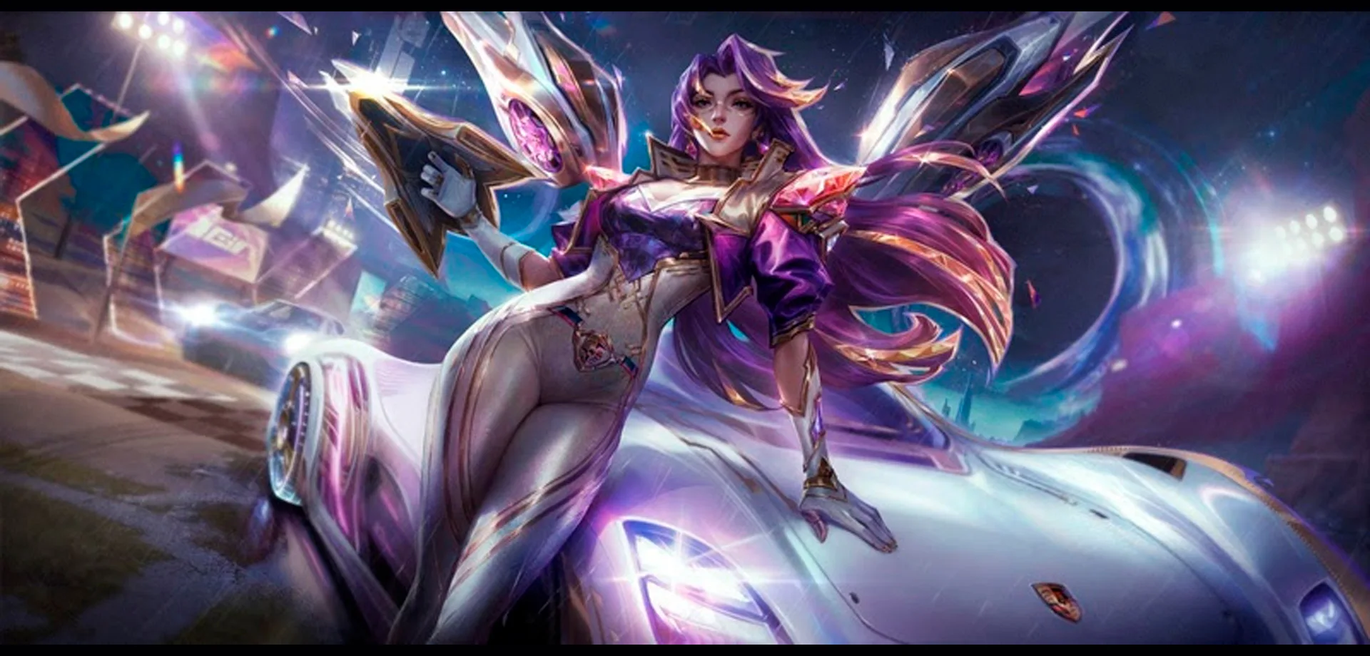 Kai'Sa Em frente a Porsche utilizando a skin de prestígio em Riot Games Porsche Wild Rift.