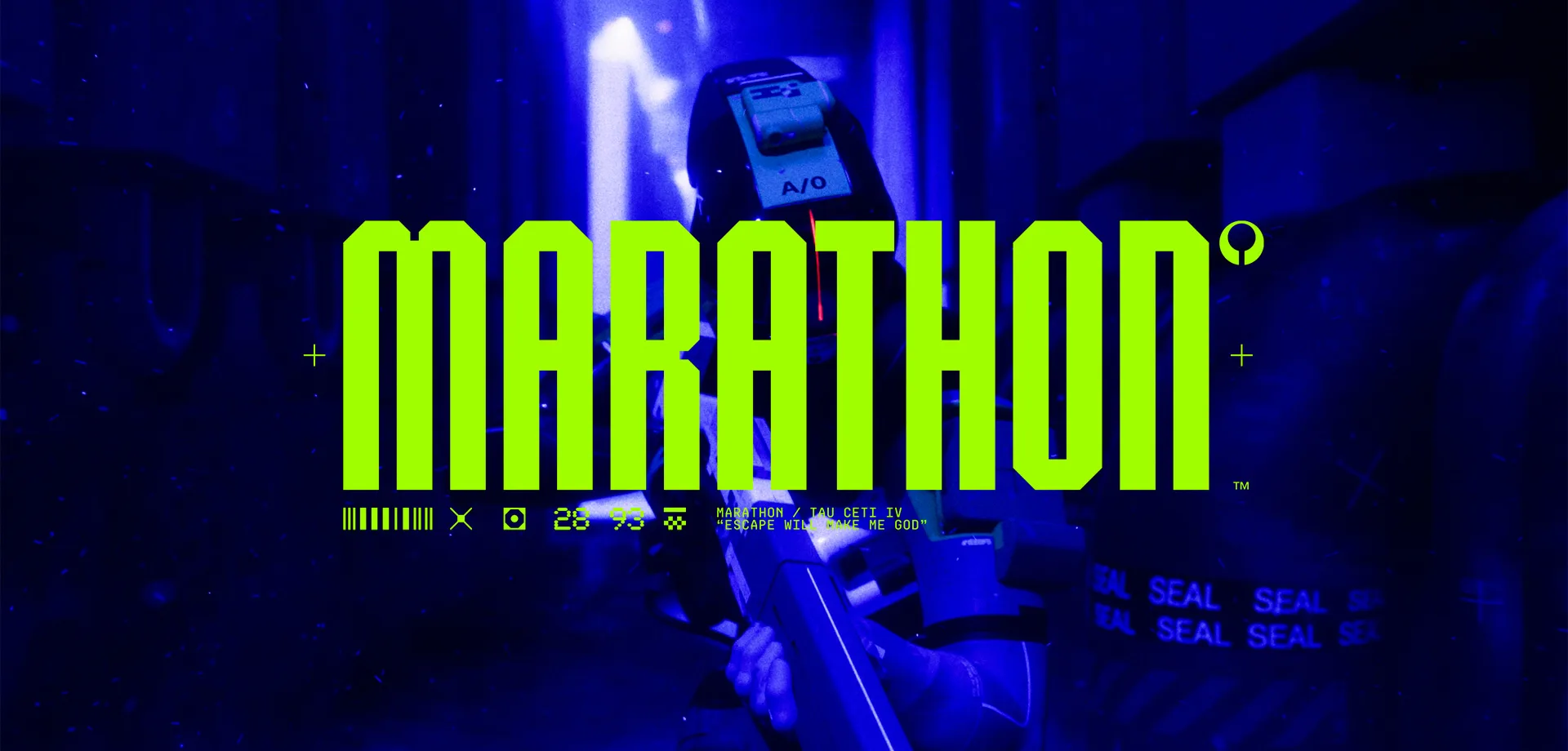 atualização de meio de temporada Marathon com Reconhecimento ao funo e logo do jogo à frente.