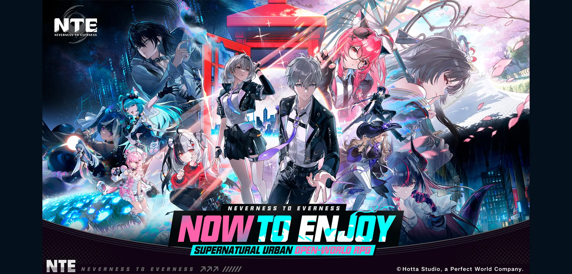 Capa de Neverness to Everness (NTE) com personagens e paisagens urbanas e a escrita: Now to Enjoy, Supernatural Urban Open-World RPG.