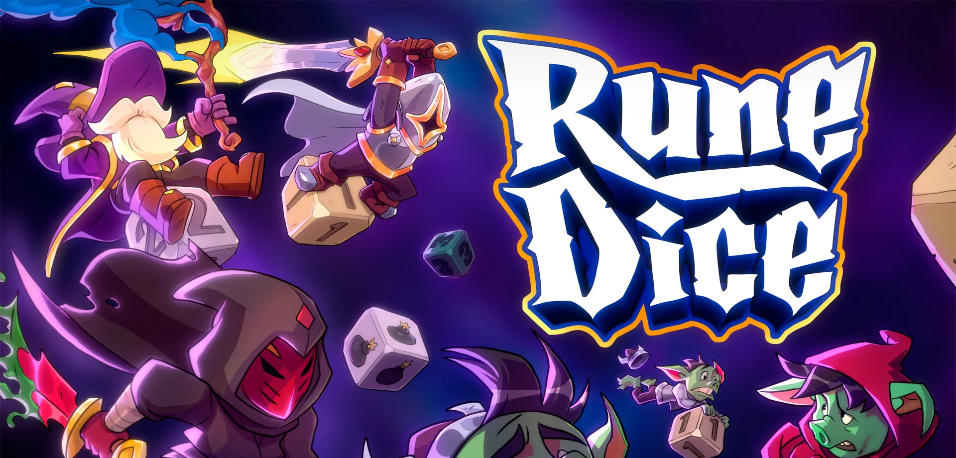 Personagens com classes variadas correndo atrás dos inimigos envoltos por dados e a logo de Rune Dice à direita.