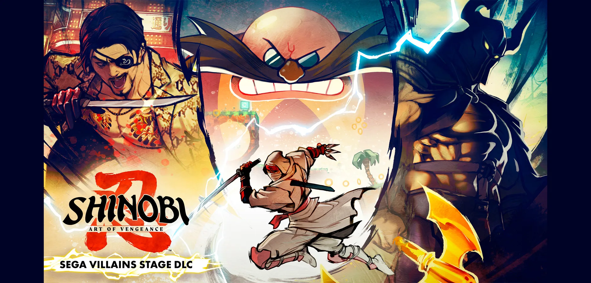 Capa de SHINOBI Art of Vengeance DLC SEGA Villains Stage com Goro Majima, Dr. Eggman e Death Adder, além do Ninja de Shinobi.