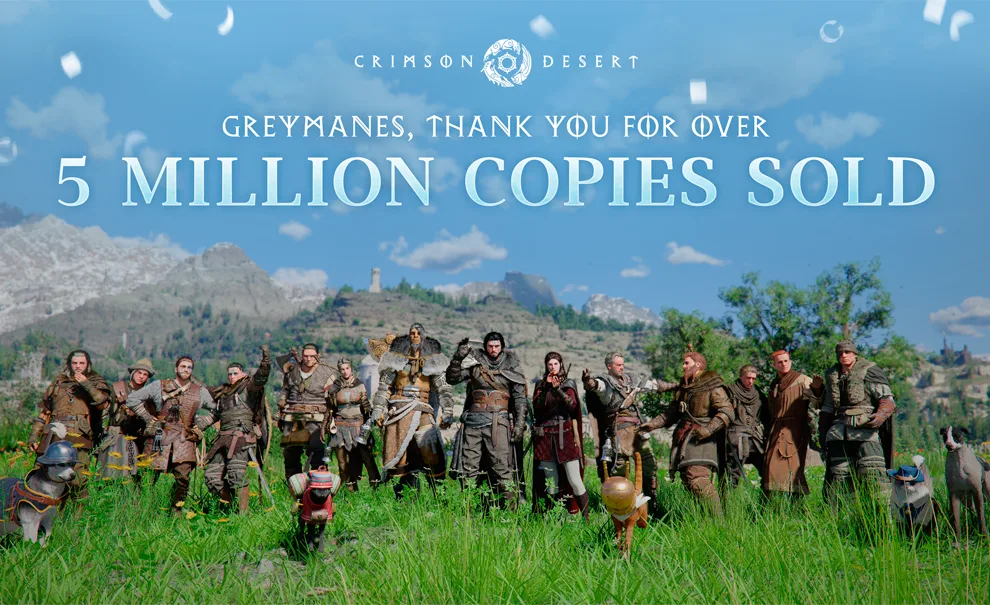 Crimson Desert com imagem agradecendo as 5 mlihões de cópias vendidas com os Greymanes em um gramado em várias poses.