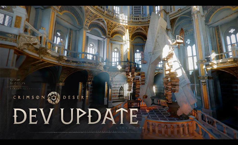 Biblioteca do Abismo em Crimson Desert como imagem de fundo e as palavras Dev Update à frente.