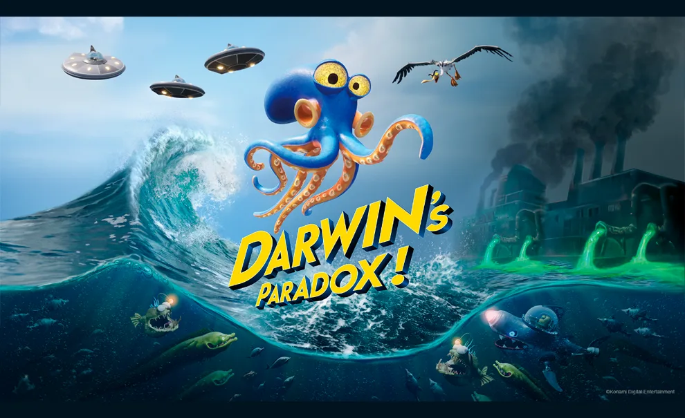 Imagem de Darwin's Paradox! com mar cheio de criaturas, uma fábrica despejando lixo nele, um polvo no meio. Naves alienígenas e uma gaivota.