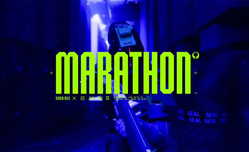 atualização de meio de temporada Marathon com Reconhecimento ao funo e logo do jogo à frente.