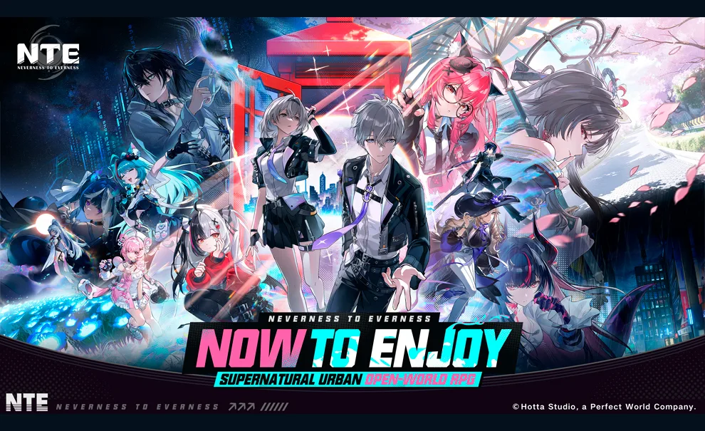 Capa de Neverness to Everness (NTE) com personagens e paisagens urbanas e a escrita: Now to Enjoy, Supernatural Urban Open-World RPG.