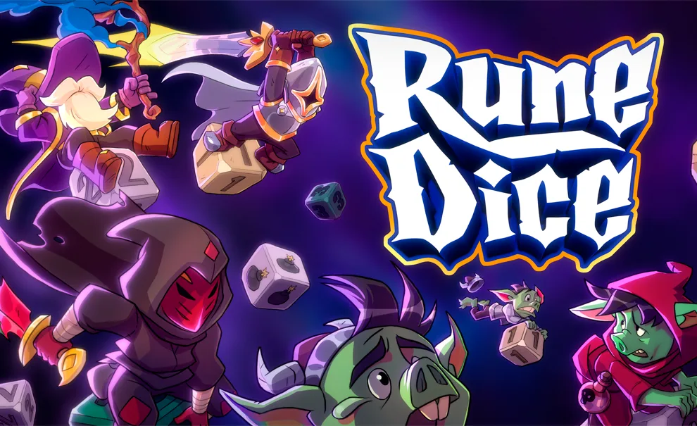 Personagens com classes variadas correndo atrás dos inimigos envoltos por dados e a logo de Rune Dice à direita.