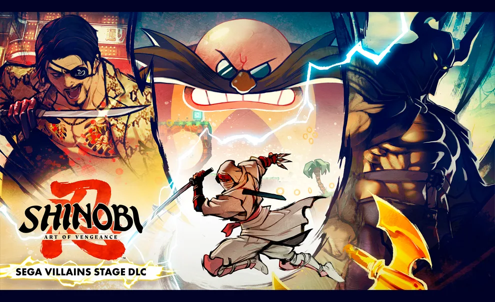 Capa de SHINOBI Art of Vengeance DLC SEGA Villains Stage com Goro Majima, Dr. Eggman e Death Adder, além do Ninja de Shinobi.