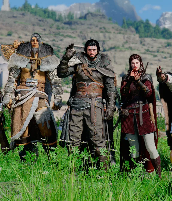 Crimson Desert com imagem agradecendo as 5 mlihões de cópias vendidas com os Greymanes em um gramado em várias poses.