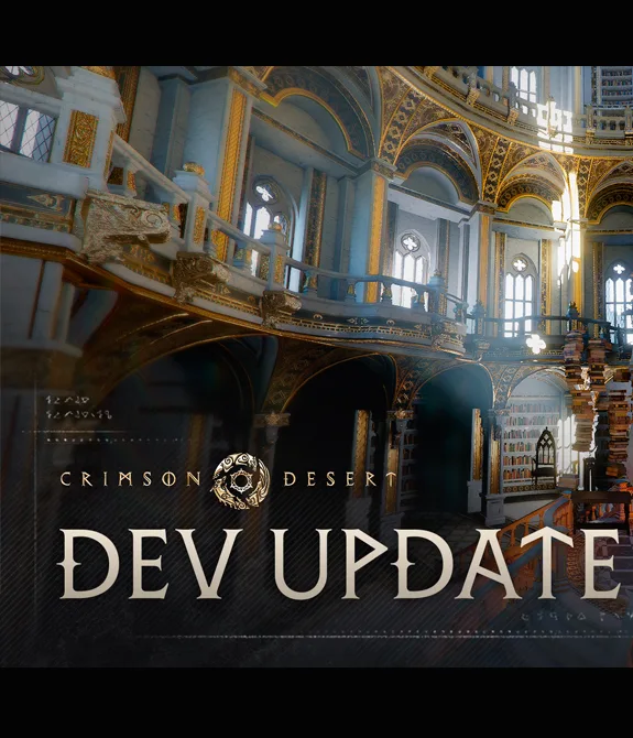 Biblioteca do Abismo em Crimson Desert como imagem de fundo e as palavras Dev Update à frente.