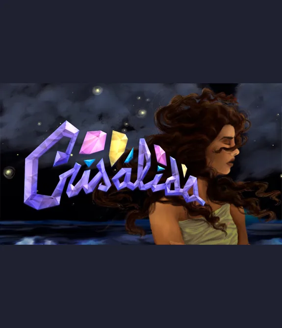 Íris, a protagonista do Jogo Crisálida olhando de perfil em um cenário noturno com o mar ao fundo.