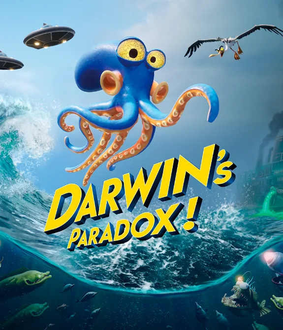 Imagem de Darwin's Paradox! com mar cheio de criaturas, uma fábrica despejando lixo nele, um polvo no meio. Naves alienígenas e uma gaivota.