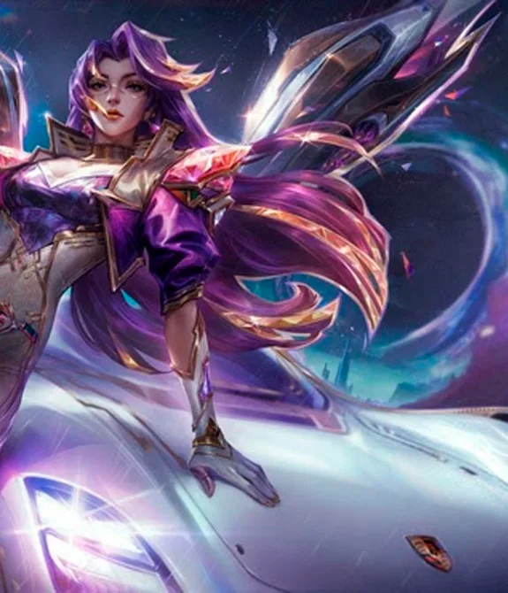 Kai'Sa Em frente a Porsche utilizando a skin de prestígio em Riot Games Porsche Wild Rift.