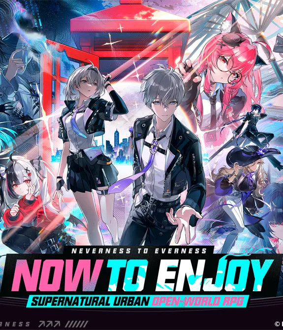 Capa de Neverness to Everness (NTE) com personagens e paisagens urbanas e a escrita: Now to Enjoy, Supernatural Urban Open-World RPG.