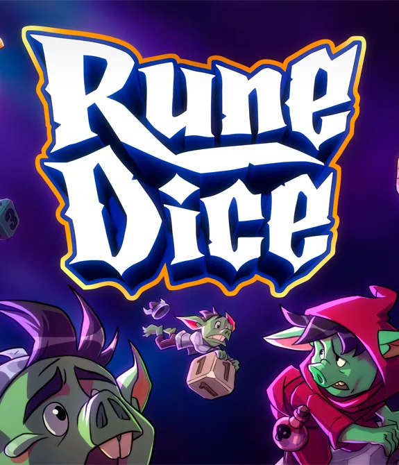 Personagens com classes variadas correndo atrás dos inimigos envoltos por dados e a logo de Rune Dice à direita.