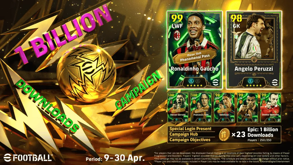 eFootball 1 bilhão de downloads Ronaldinho Gaúcho