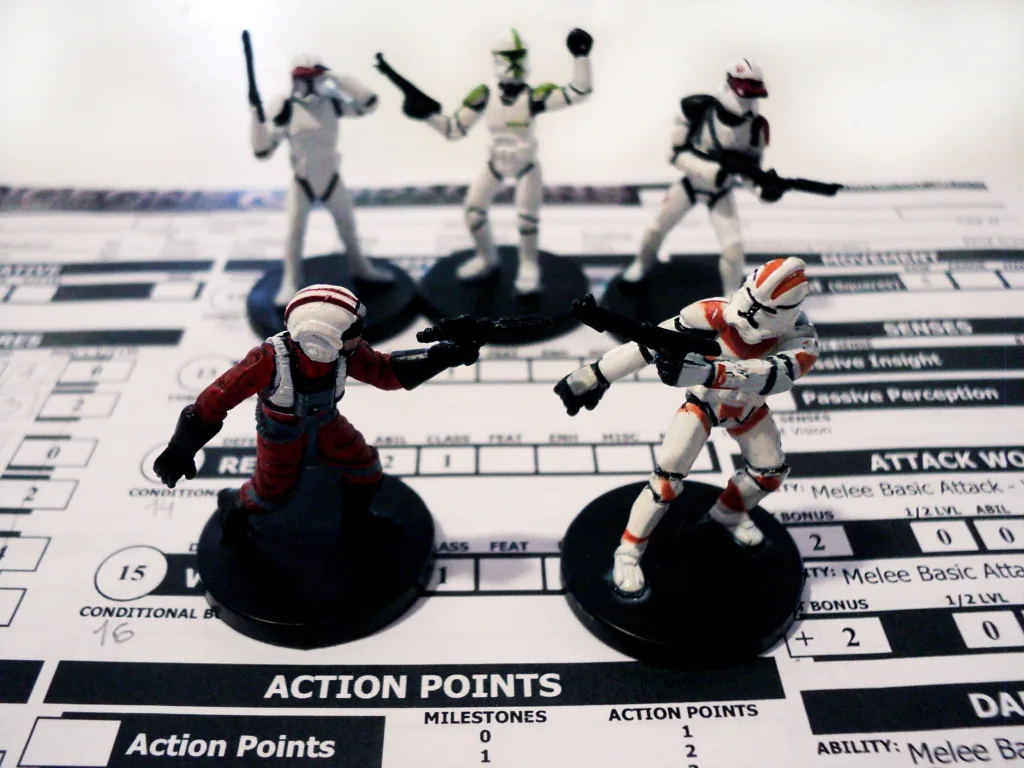 Ficha de RPG de Mesa de Star Wars com miniaturas da mesma franquia em cima.
