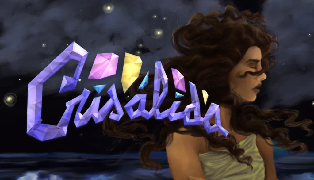 Íris, a protagonista do Jogo Crisálida olhando de perfil em um cenário noturno com o mar ao fundo.