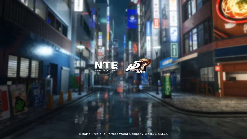 Imagem de ruas com logo de NTE e músicas de Persona 5 Royal.