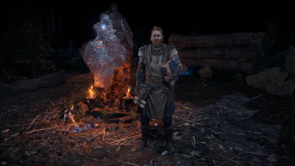 Personagem Farrow segurando um livro em frente a pedra de runas em Path of Exile 2 Return of the Ancients.
