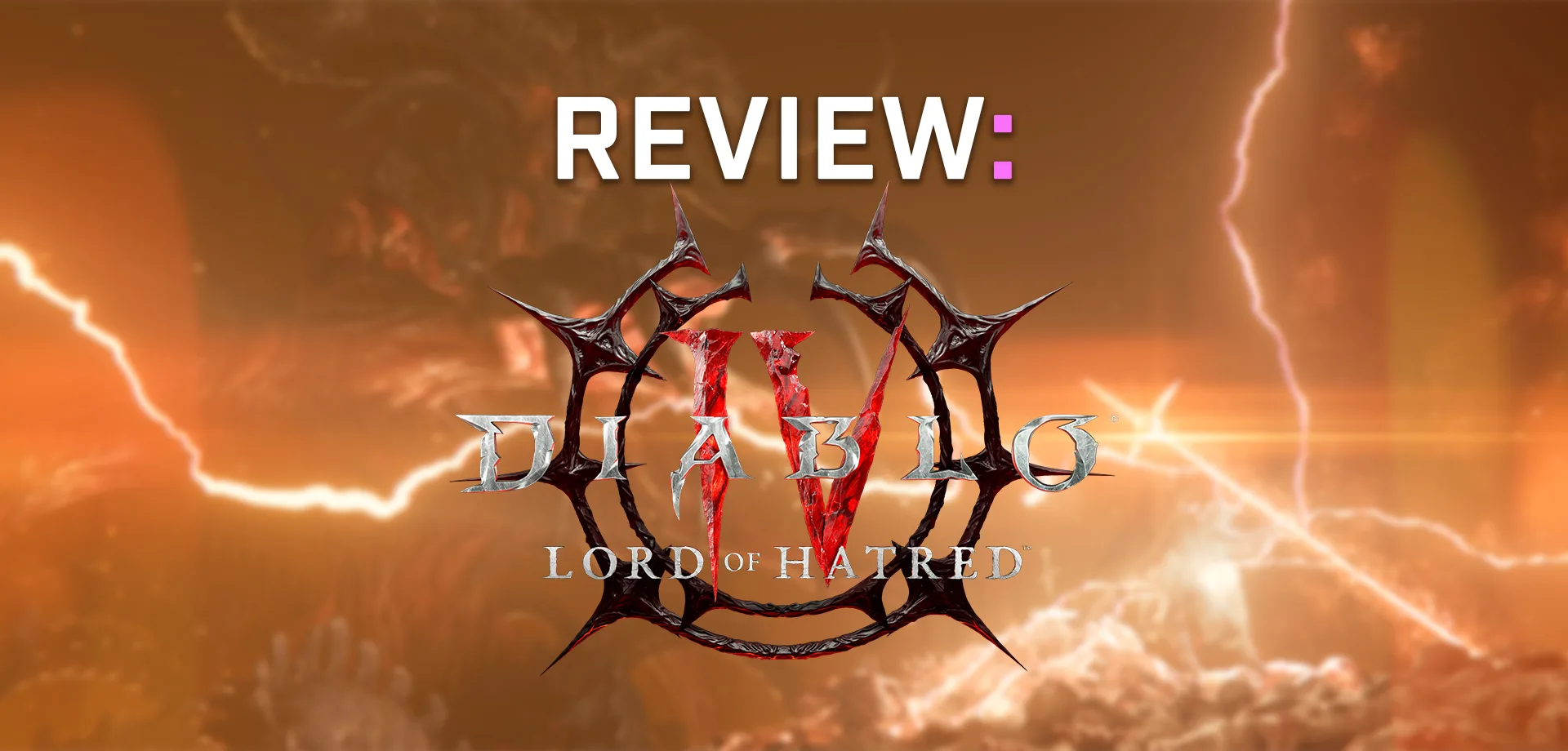 Fundo de Mephisto e Paladino lutando com logo de Diablo IV Lord of Hatred à frente a a palavra "Review" em cima.