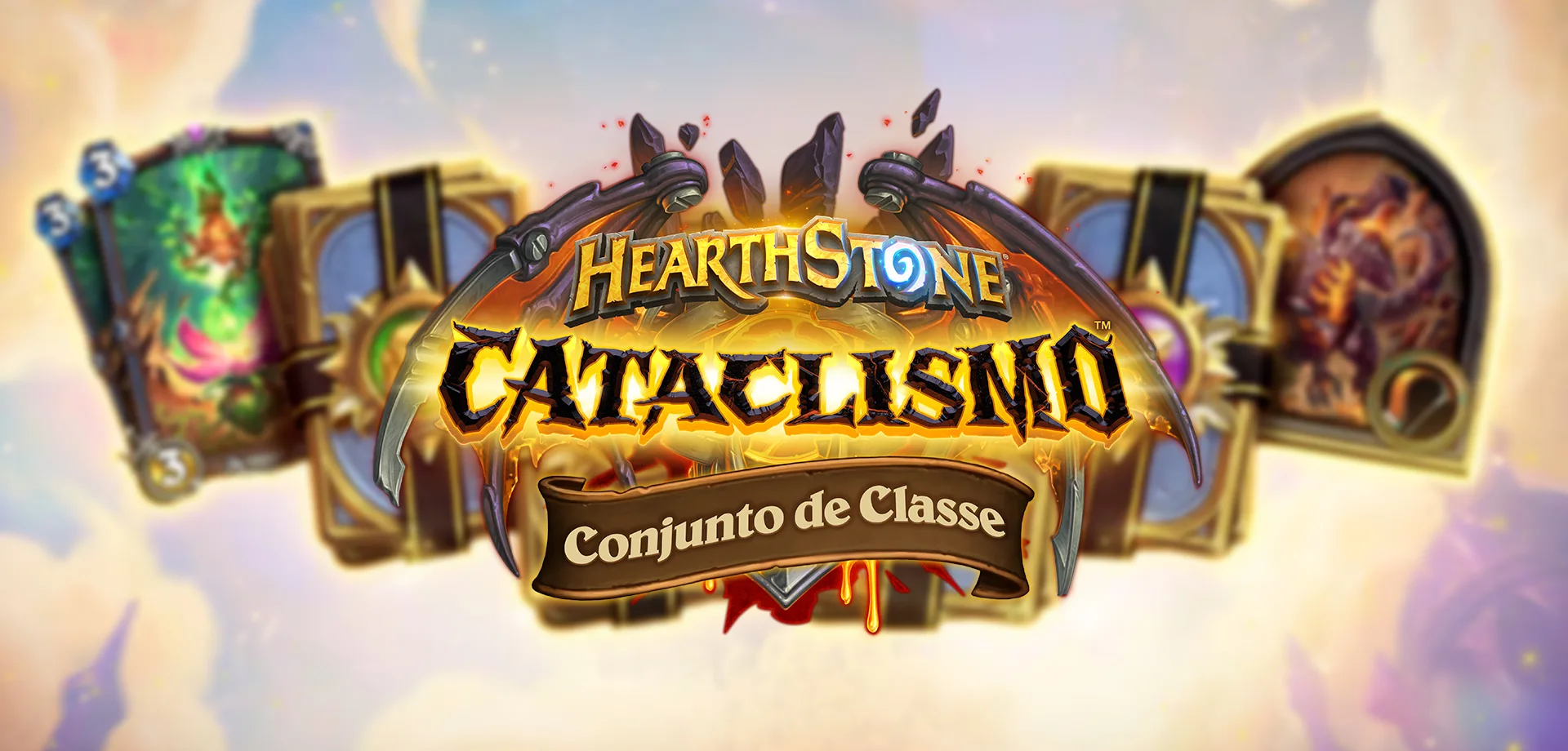 Hearthstone com conjunto de pacotes de classes borrado ao fundo e a logo de Cataclismo Conjunto de Classes.