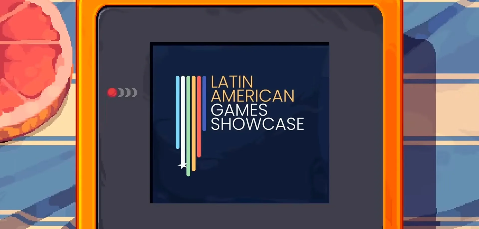 "LAGS gamescom latam 2026 showcase" dentro de tela de portátil desenhado.