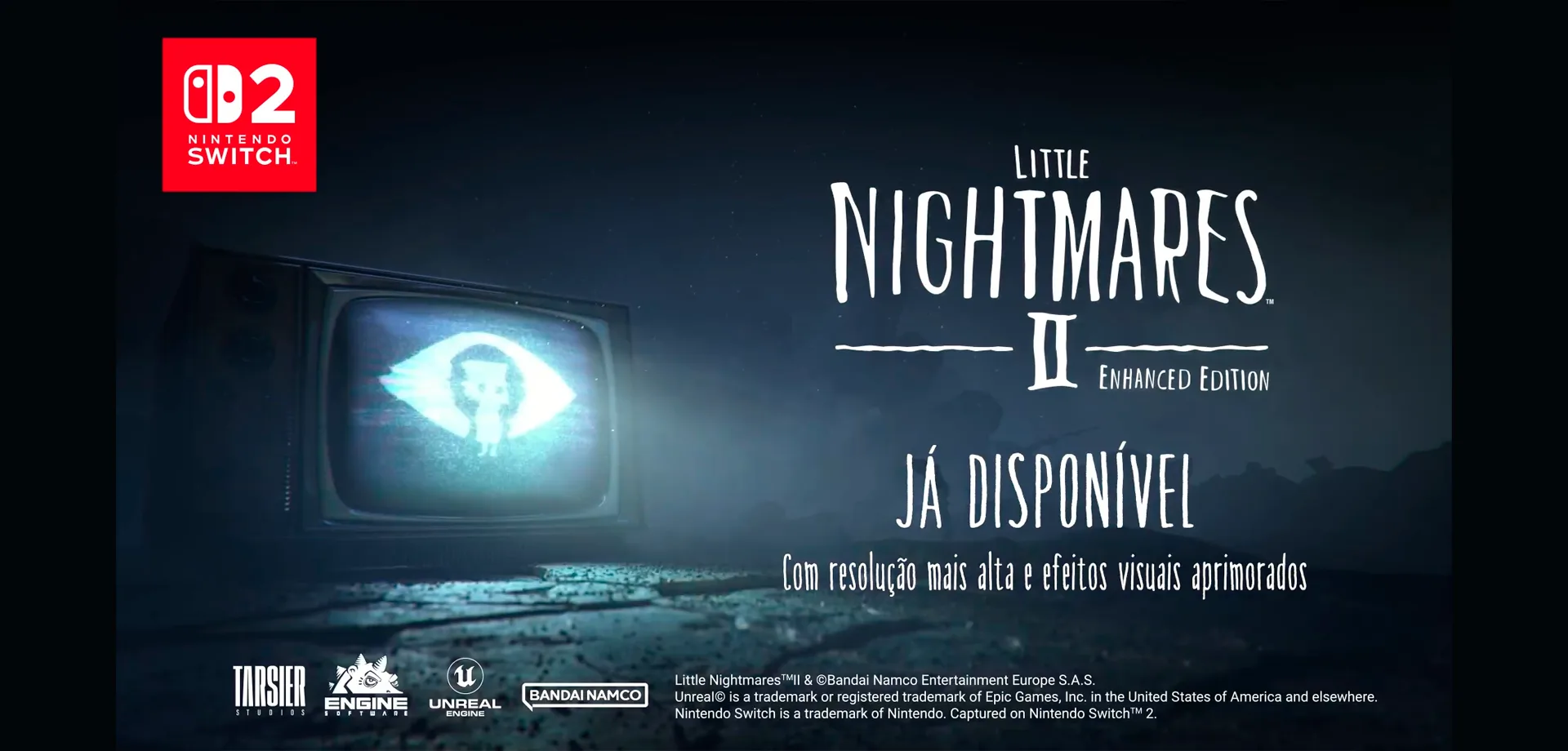 Televisão com imagem de personagem Momo chuviscada e ao lado a logo de Little nightmares II Enhanced Edition para nintendo Switch 2.