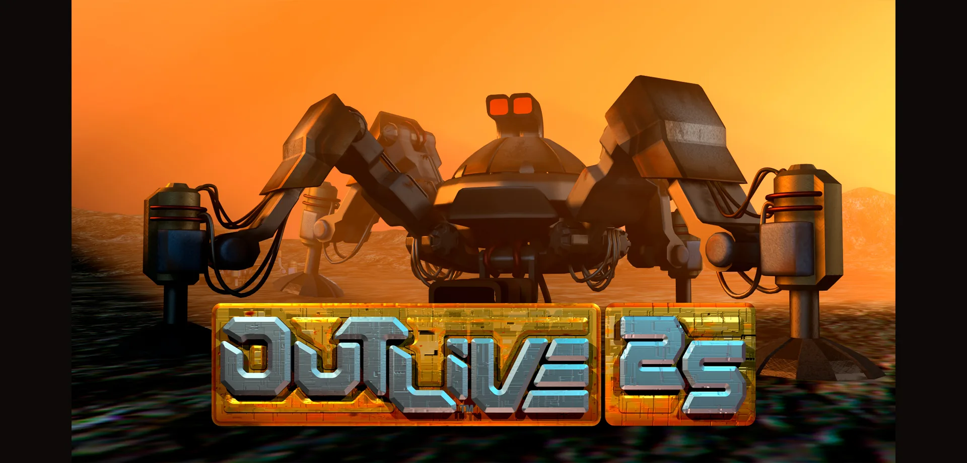 Grande robô em meio ao que parece um planeta rochoso e a logo de Outlive 25 à frente.