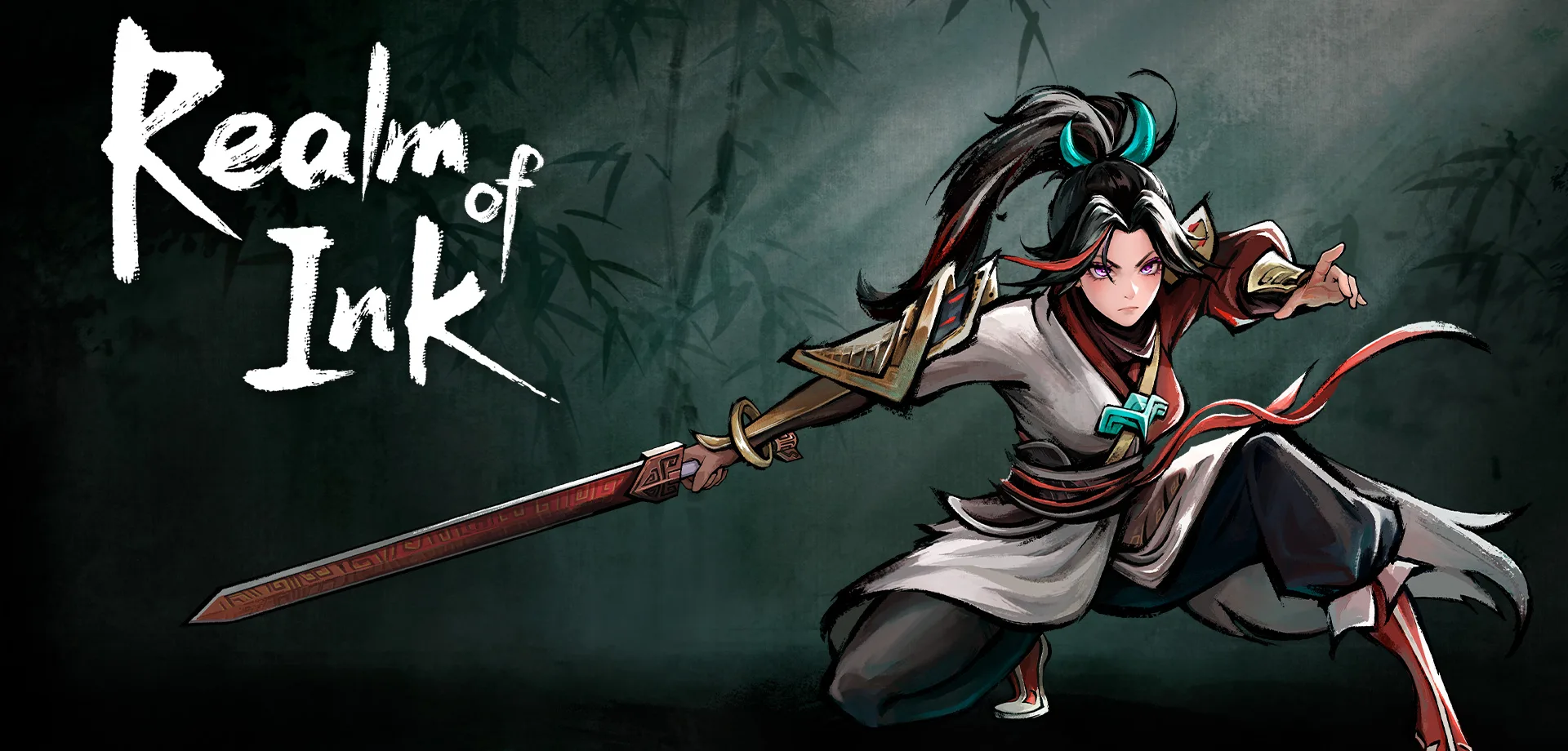 Personagem Red de Realm of Ink em Posição agachada e pronta para o combate junto da logo do jogo e um fundo de um bambuzal escuro.