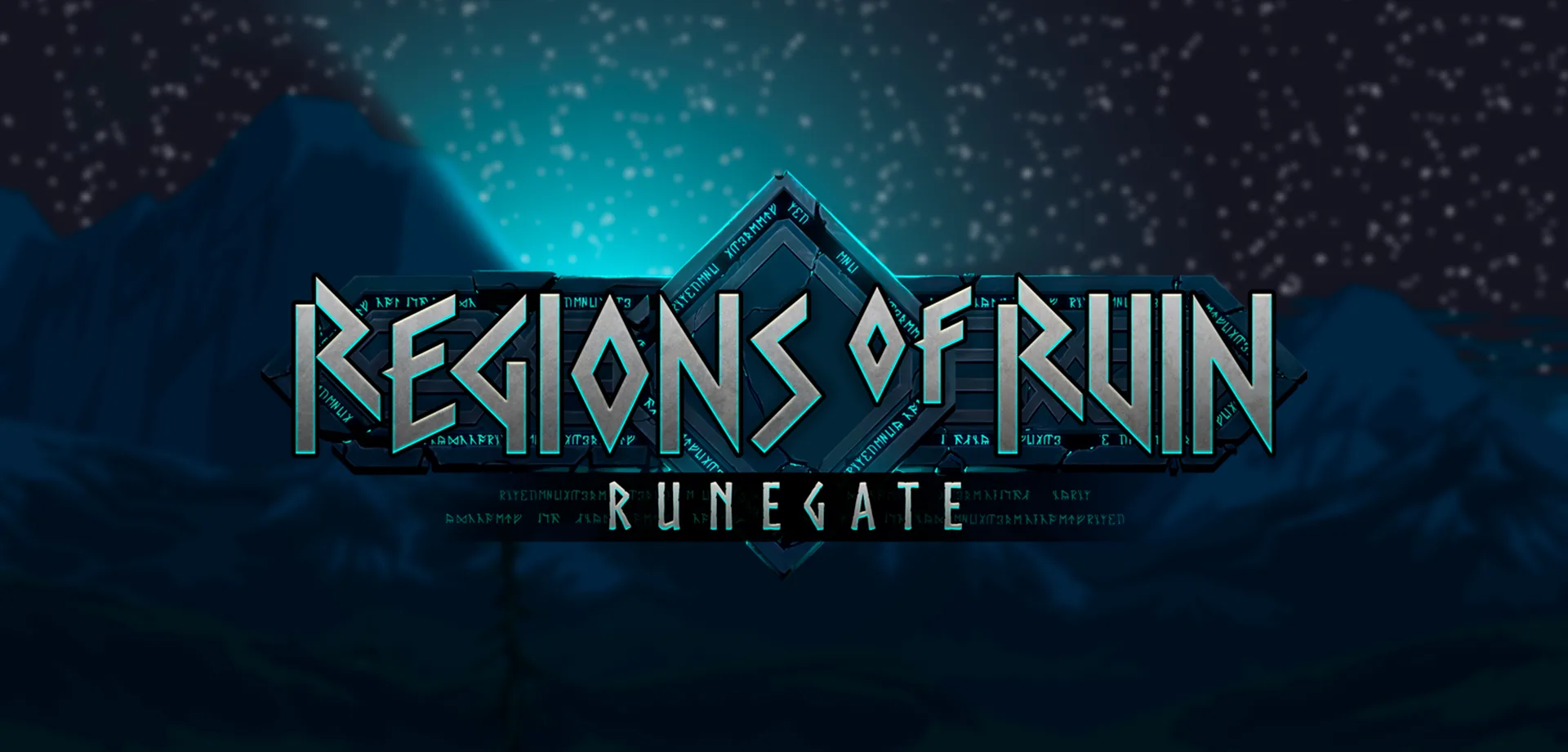 Ao fundo cenário noturno de Regions of Ruin Runegate borrado e a frente, logo do jogo.