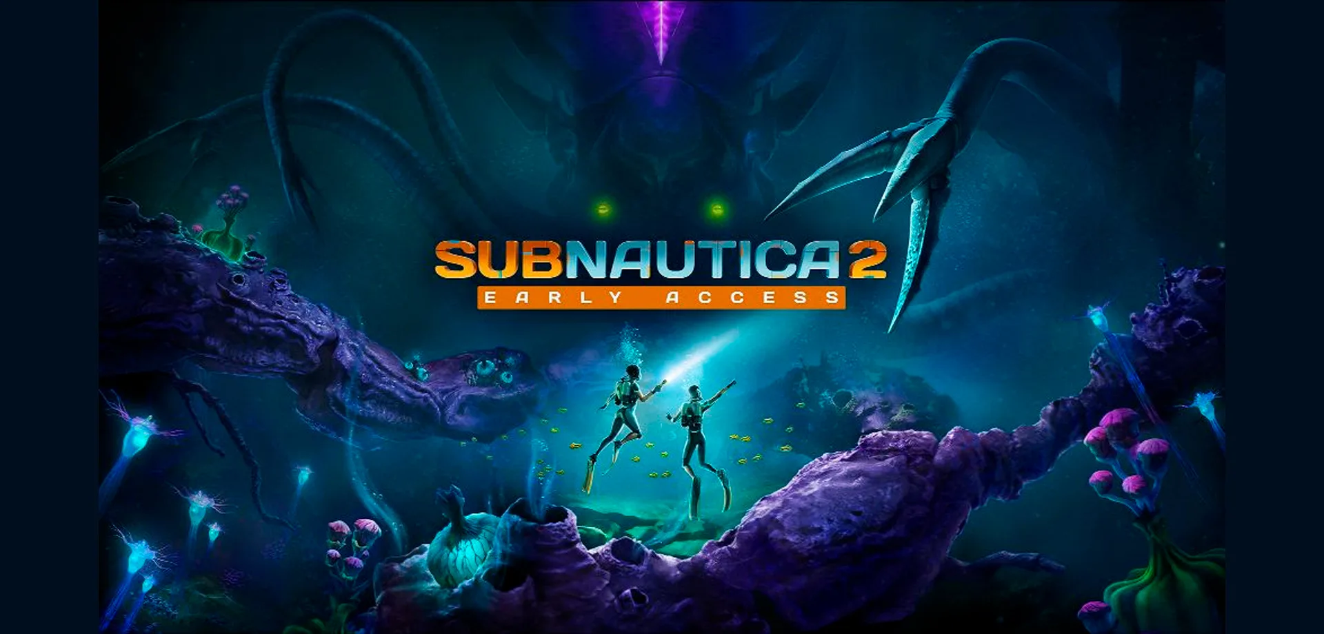 Capa de Subnautica 2 com 2 mergulhadores em meio a corais alienígenas e uma criatura desconhecida e imensa.