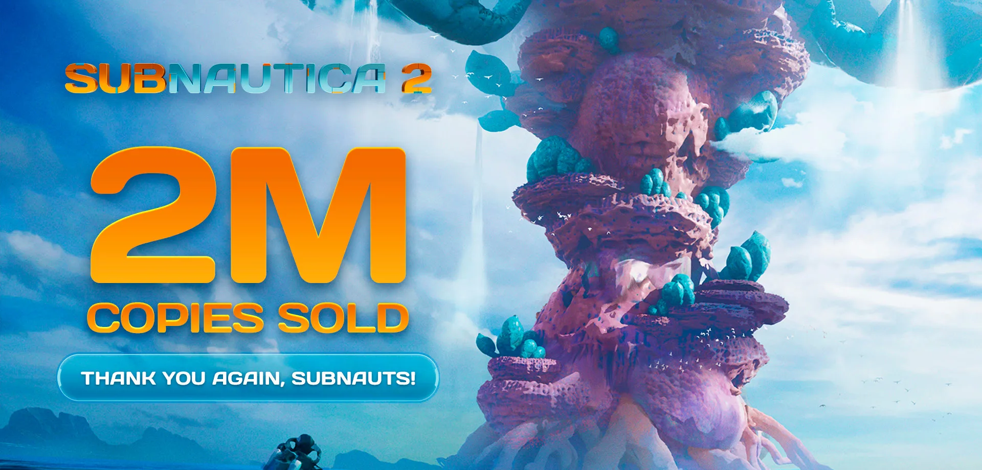 Imagem de mergulhador saindo da água e observando uma ilha em forma alienígena com as a frase "Subnautica 2 2M copies sold, Thank you again, subnauts!"