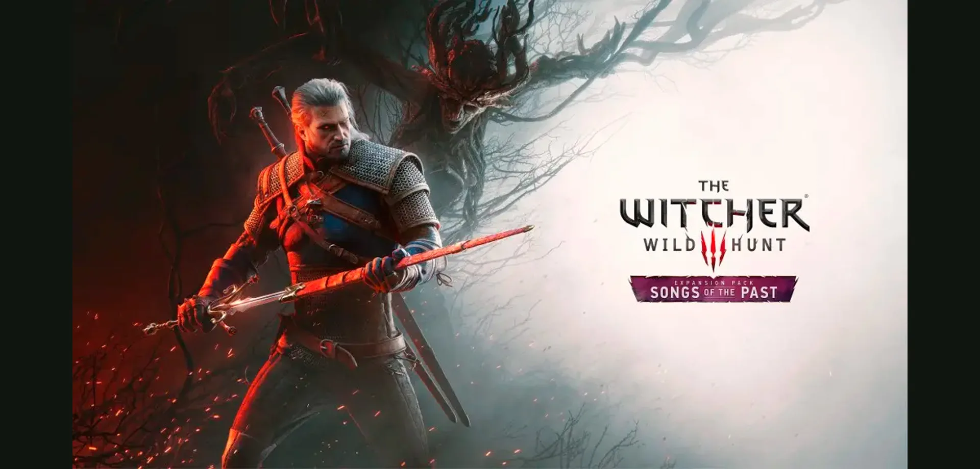 Geralt de Rívia segurando espada e sendo observado por criatura-árvore, ao lado o logo de The Witcher 3 Wild Hunt Songs of the Past.