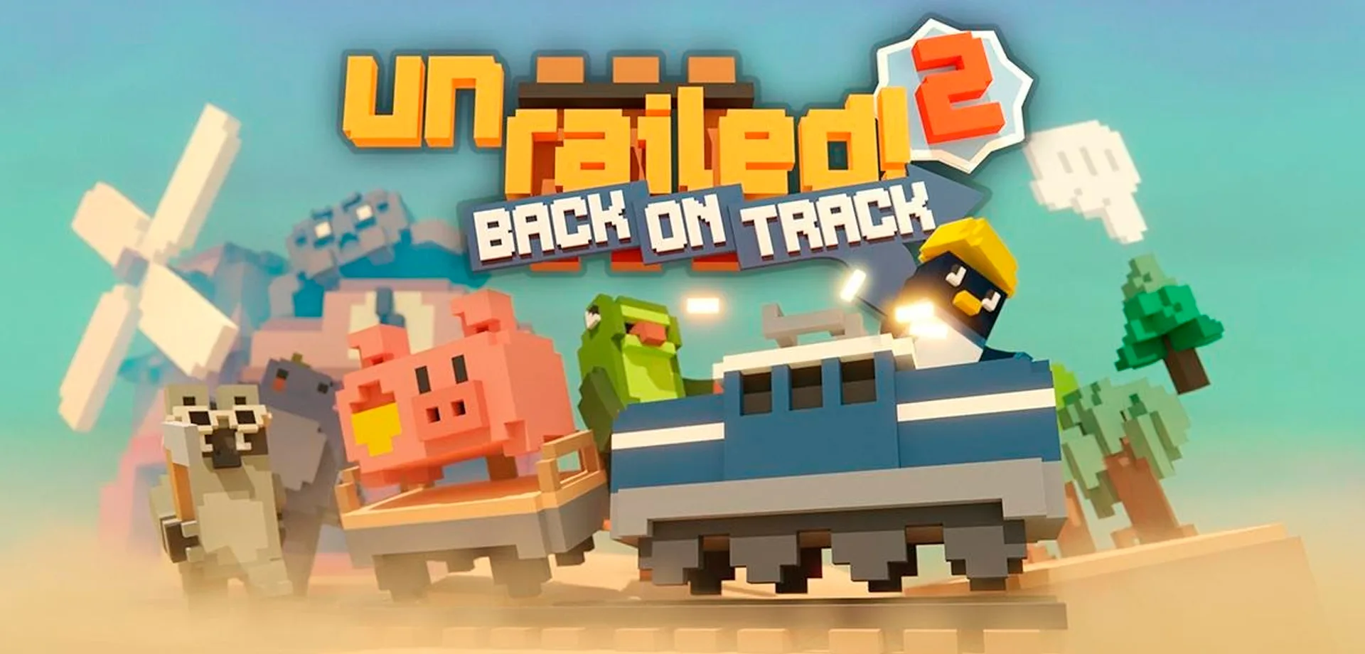 Personagens de Unrailed 2 Back on Track em cima de trem. Toda a imagem é em PixelArt 3d.