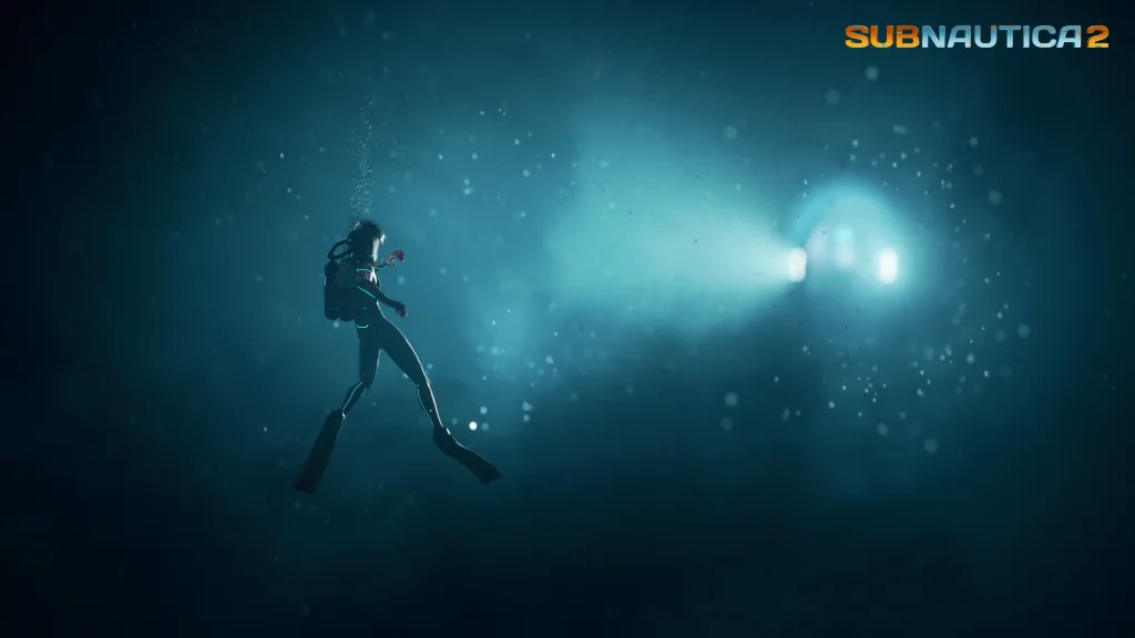 Mergulhador nas profundezas sendo iluminado por objeto desconhecido em Subnautica 2.
