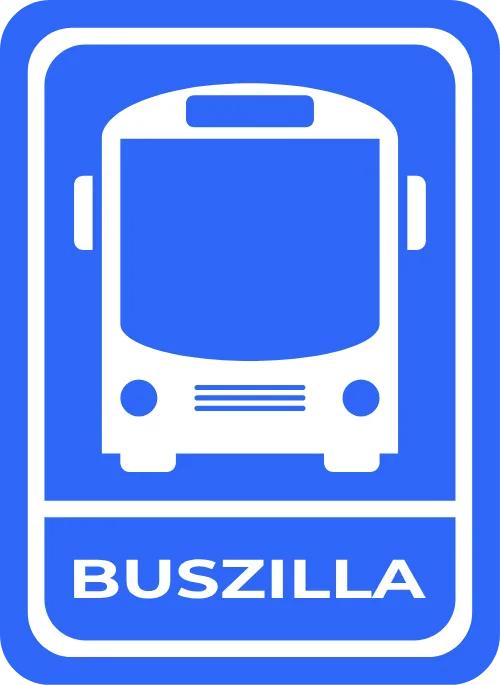 Placa azul de ônibus com a palavra Buszilla embaixo.