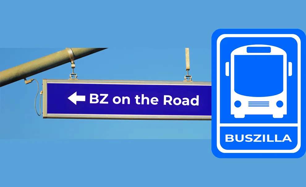 Logo do evento Buszilla, com placa de trânsito em demonstração apontando o BZ on the Road.