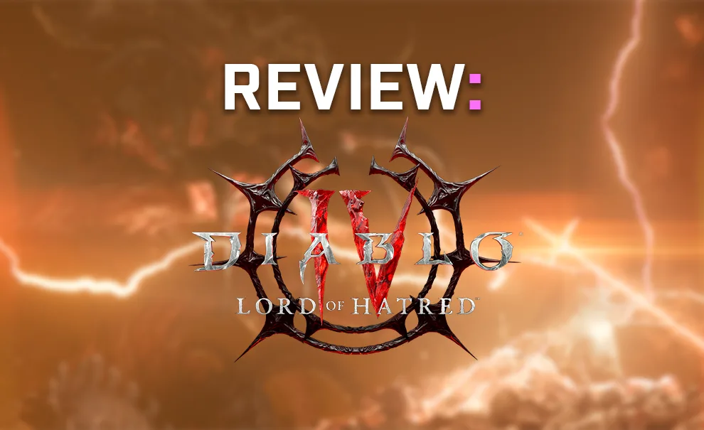 Fundo de Mephisto e Paladino lutando com logo de Diablo IV Lord of Hatred à frente a a palavra "Review" em cima.